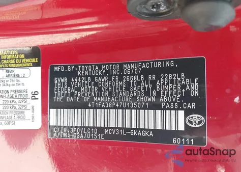 2007 Toyota Camry Solara Sle from USA, damaged, VIN 4T1FA38P47U135071
